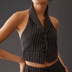 Maeve Anthropologie Black Pinstripe Halter Button Down Vest Size 10